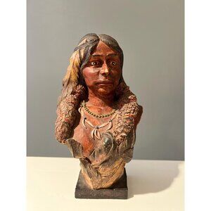 Native American Tribal Warrior Ceramic Bust – 9” Hand-Painted Folk Art Statue